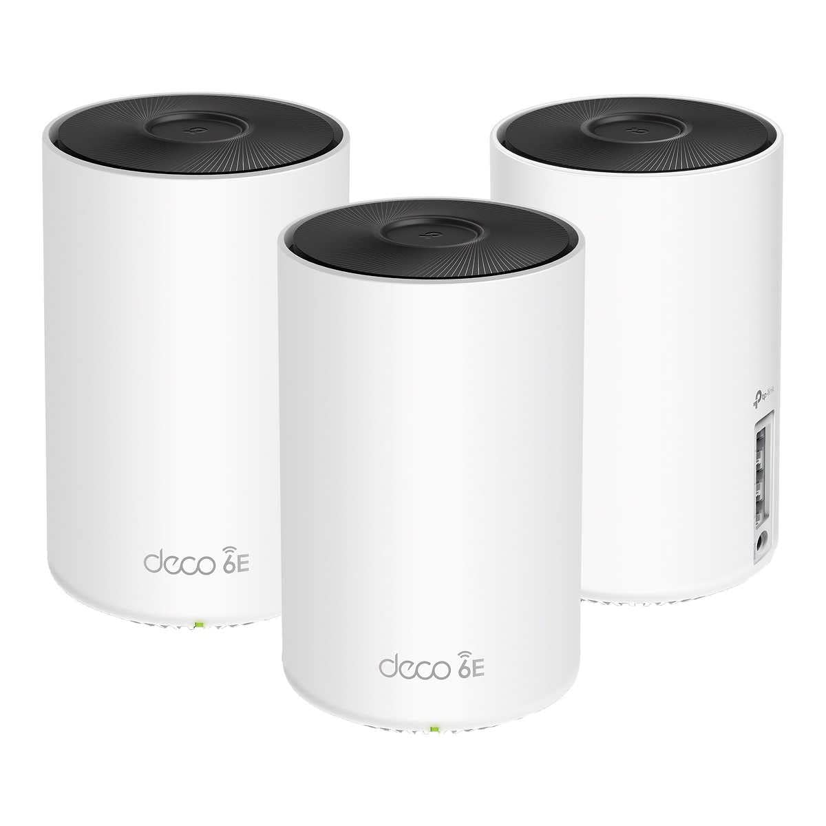 TP-Link Deco XE5300 three-pack on shelf illustrating seamless whole-home coverage