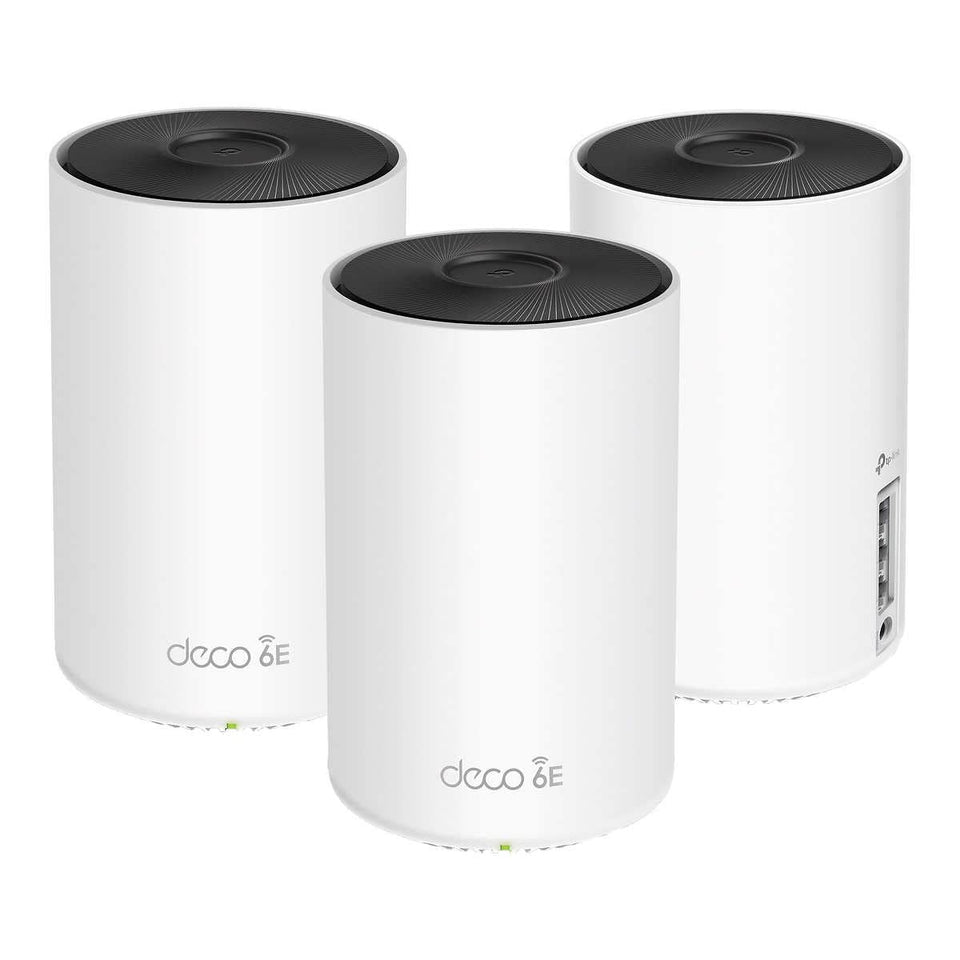 TP-Link Deco XE5300 three-pack on shelf illustrating seamless whole-home coverage