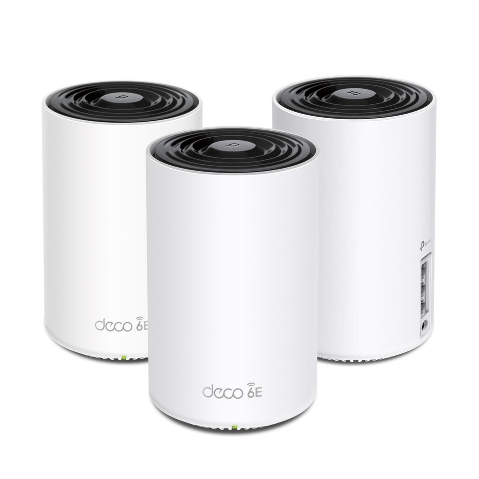 TP-Link Deco XE75 mesh hub showing 6 GHz backhaul for seamless node connections.