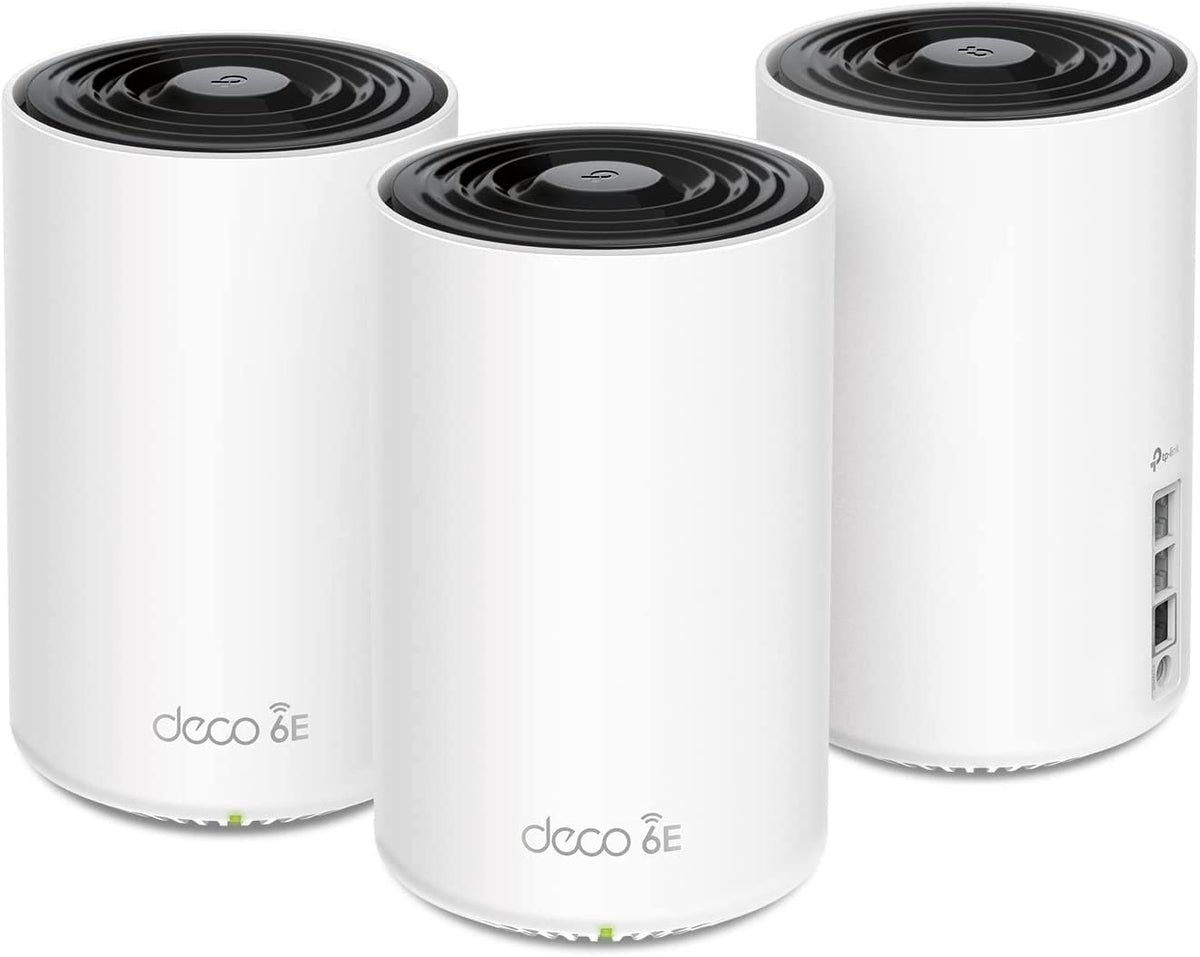 TP-Link Deco XE75 Pro front view showing sleek router design for fast home WiFi coverage.