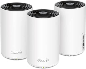 TP-Link Deco XE75 Pro front view showing sleek router design for fast home WiFi coverage.