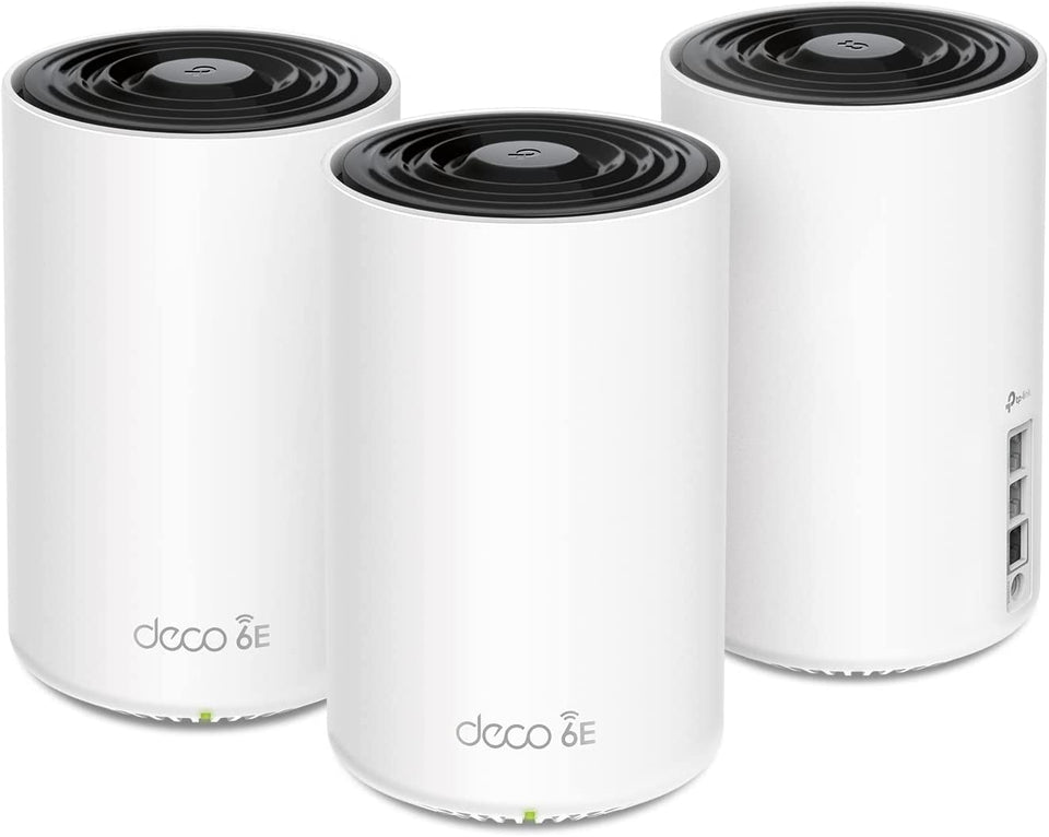 TP-Link Deco XE75 Pro front view showing sleek router design for fast home WiFi coverage.