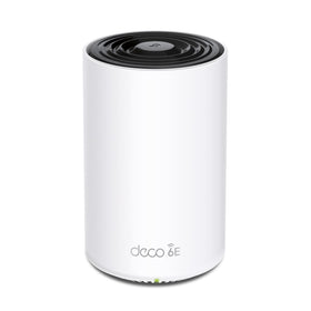 TP-Link Deco XE75 Pro front view showing sleek design and high performance in action