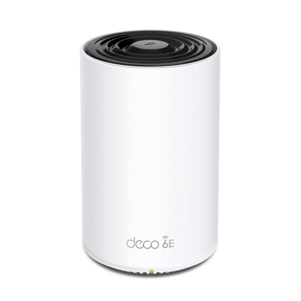 TP-Link Deco XE75 Pro front view showing sleek design and high performance in action