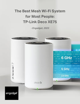 TP-Link Deco XE75 tri-band mesh system in use across a living space.