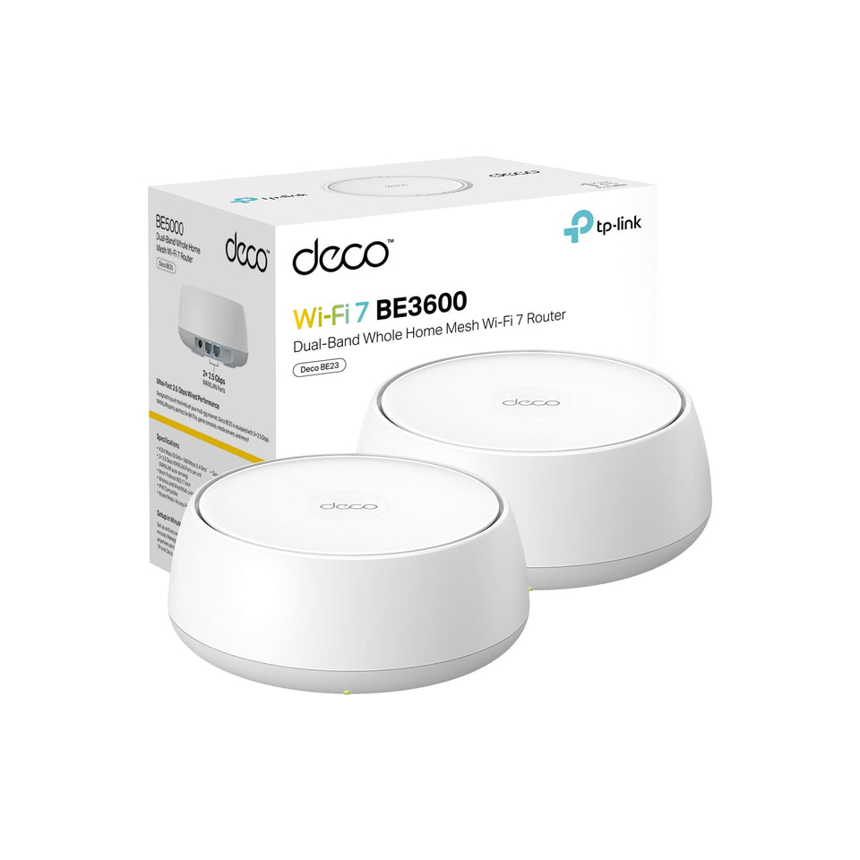 TP-Link Deco 7 BE23 front view shows compact multi-antenna mesh design