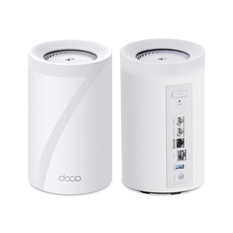 TP-Link Deco BE77 two-pack on table shows broad home coverage.