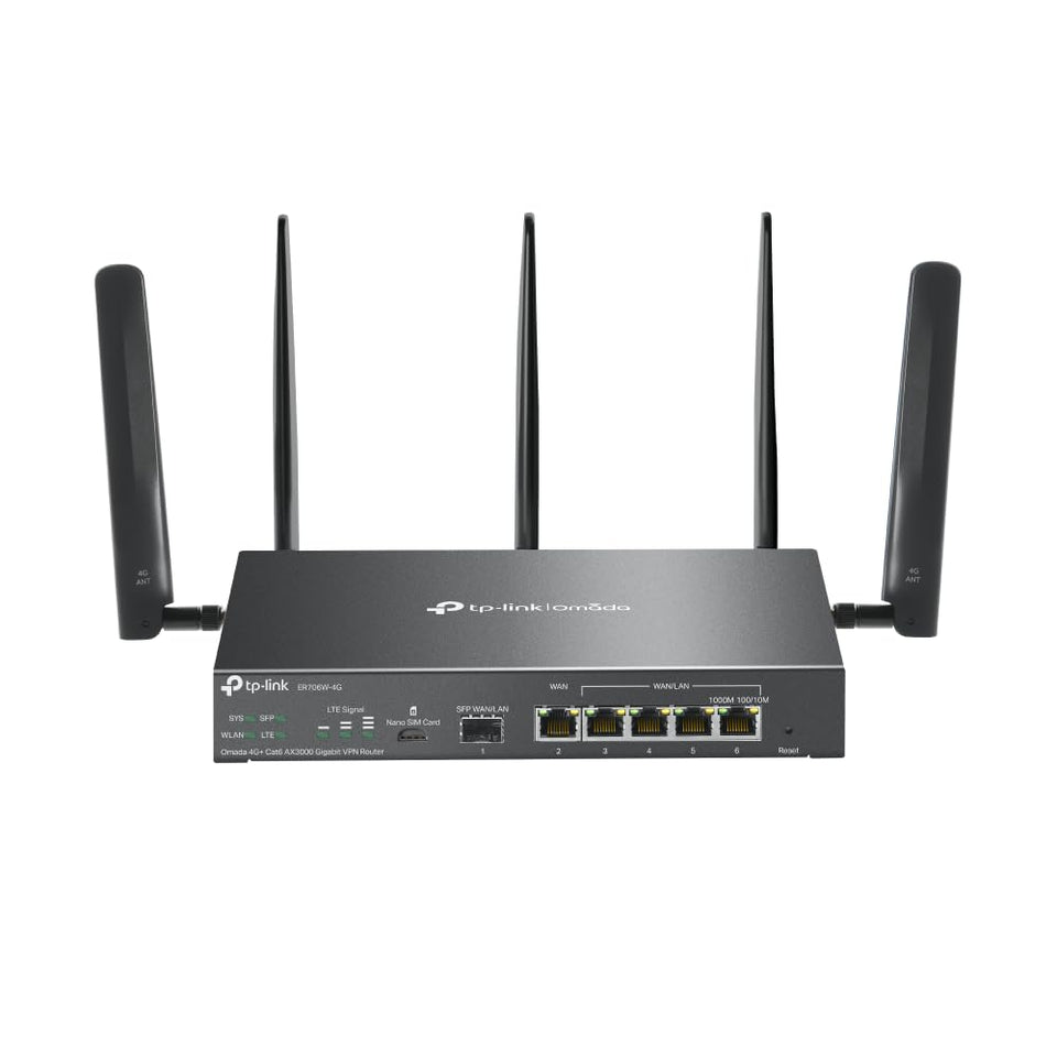 TP-Link ER706W-4G gateway front view showing a compact, business‑ready chassis.
