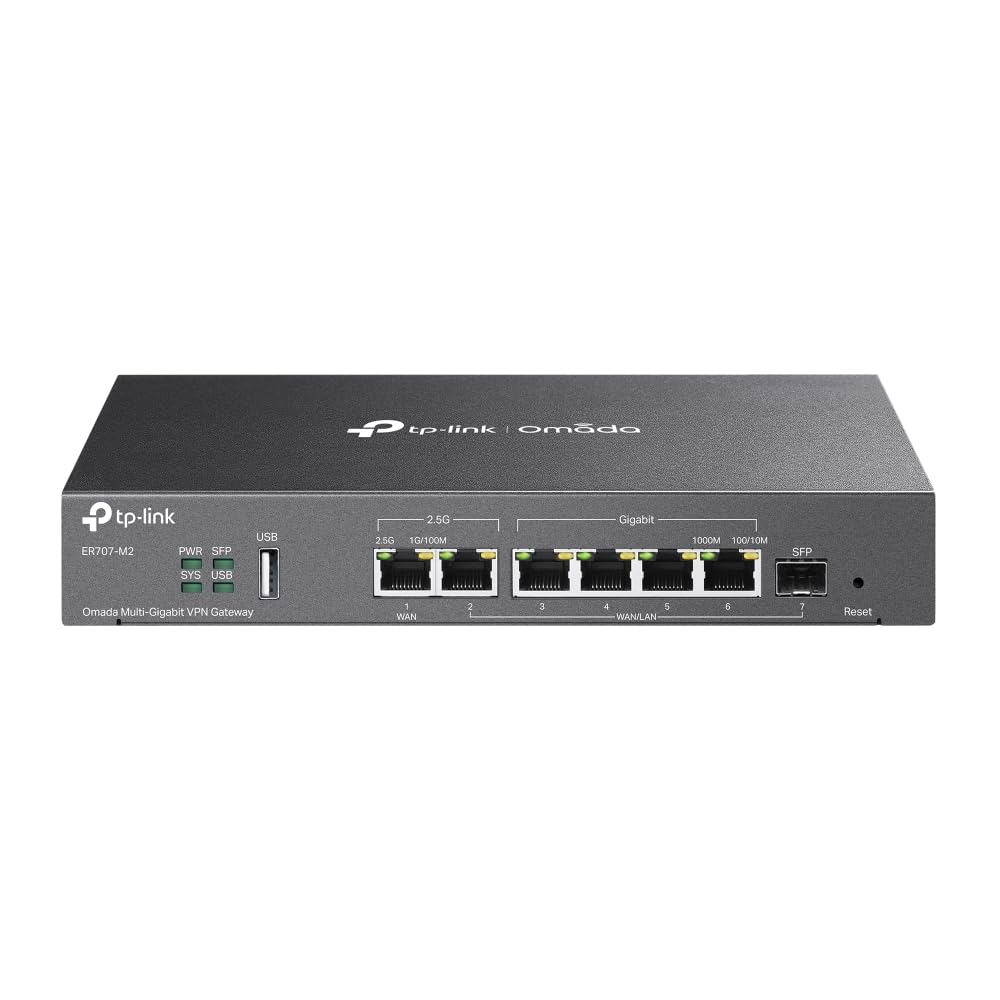 TP-Link ER707-M2 front view showing compact design ideal for small offices