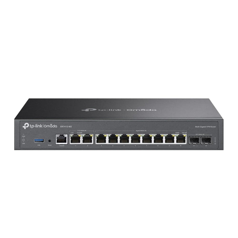 TP-Link Omada ER7412-M2 front view highlighting dual 2.5G ports for fast connectivity.