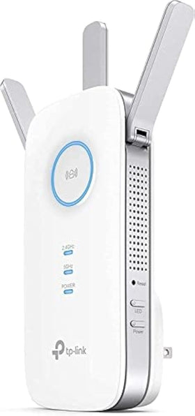 TP‑Link RE450 front view showing LEDs and plug, improves home Wi‑Fi reach