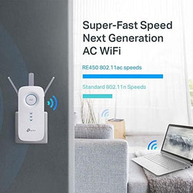 TP‑Link RE450 renewed box and label indicating compatibility and lowered cost