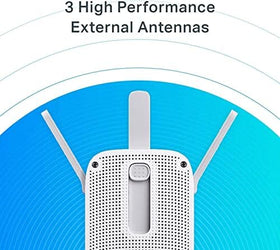 TP‑Link RE450 near standard outlet for scale, compact design saves space