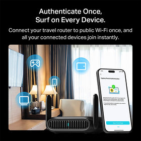 TP‑Link Roam 6 set up in a hotel room delivering secure private Wi‑Fi from public networks
