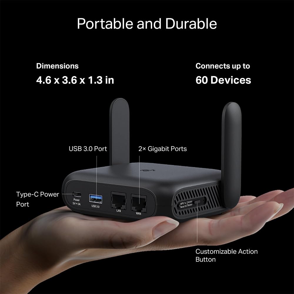 TP‑Link Roam 6 with USB‑C and power adapter illustrating portable charging and power bank compatibility