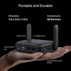 TP‑Link Roam 6 with USB‑C and power adapter illustrating portable charging and power bank compatibility