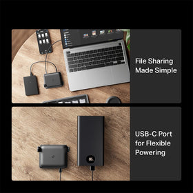 TP‑Link Roam 6 sharing external drive via USB 3.0 showing easy file access and media streaming