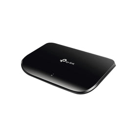 TP-Link TL-SG1005D front view shows compact plug-and-play desktop solution.