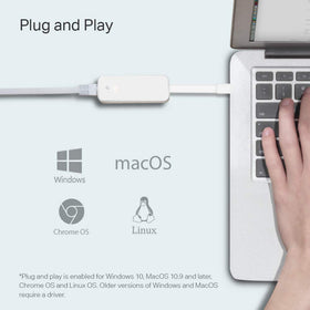 The TP-Link UE300C supports Mac, Windows, Chrome OS, and Linux for versatile use.