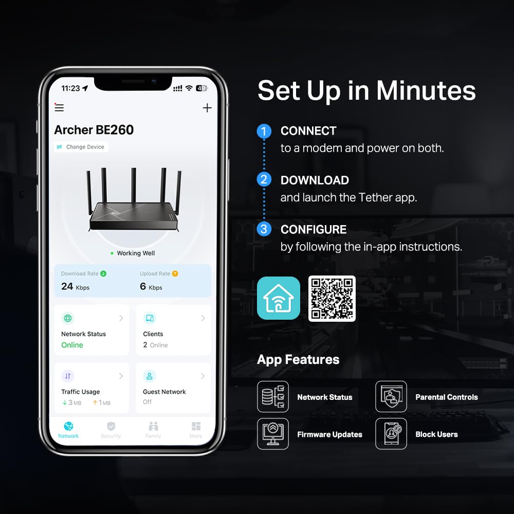 TP-Link BE260 HomeShield dashboard illustrating real-time protection features.