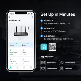 TP-Link BE260 HomeShield dashboard illustrating real-time protection features.