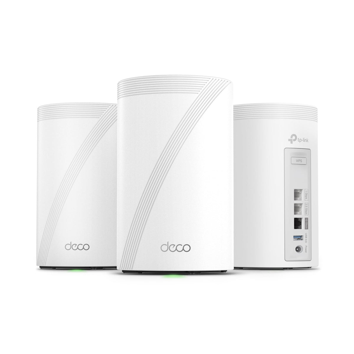 TP-Link Deco 7 Pro BE67 three-pack front view for seamless whole-home coverage with AI Roaming.