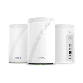 TP-Link Deco 7 Pro BE67 three-pack front view for seamless whole-home coverage with AI Roaming.