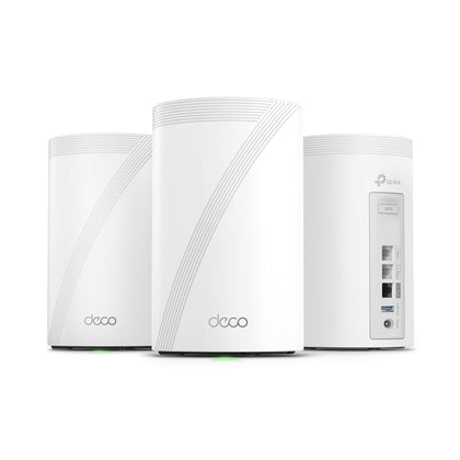 TP-Link Deco 7 Pro BE67 three-pack front view for seamless whole-home coverage with AI Roaming.