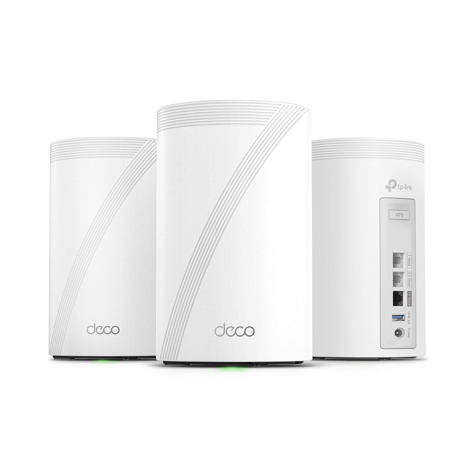TP-Link Deco 7 Pro BE67 three-pack front view for seamless whole-home coverage with AI Roaming.
