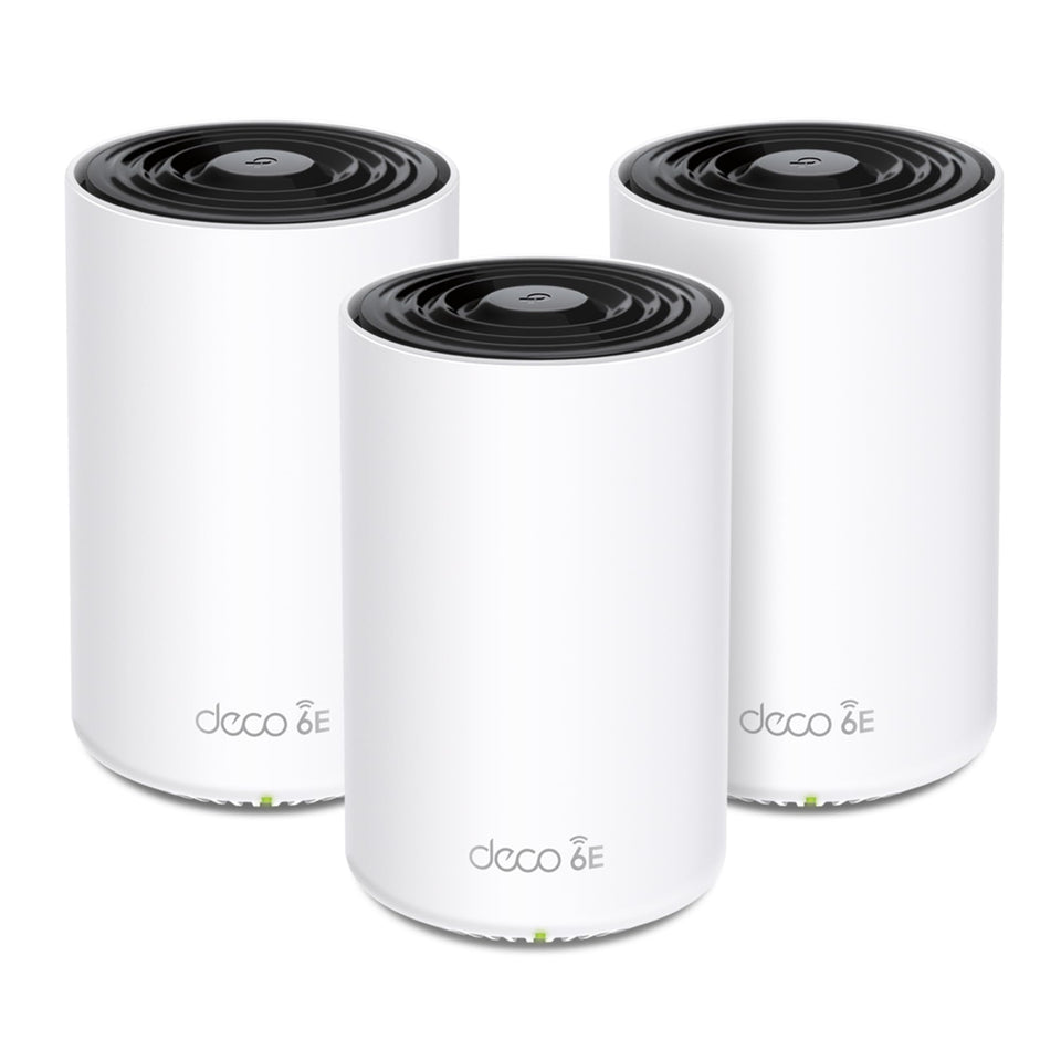 TP-Link Deco XE70 Pro front view highlighting the sleek mesh node and 2.5 Gbps port.