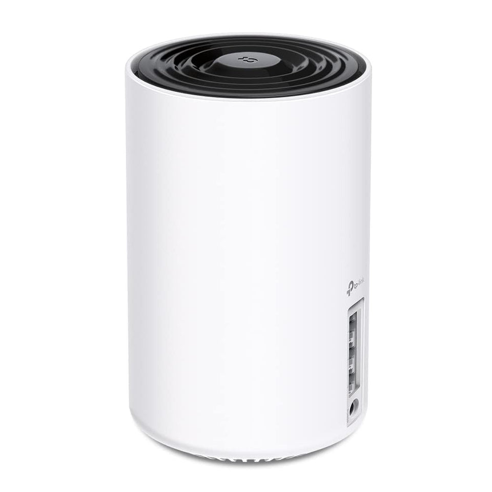 TP-Link Deco XE75 front view shows compact design for living room placement.