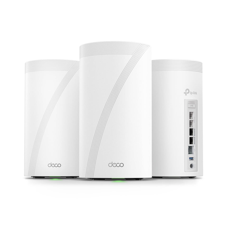 TP-Link Deco 7 Elite BE95 front view showing compact design for wide home coverage