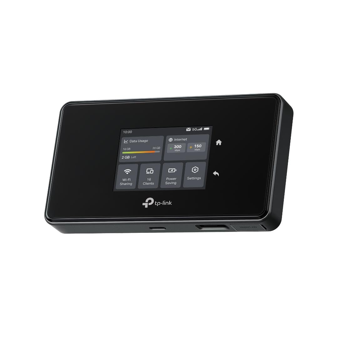 TP-Link M8550 front view showing a compact travel hotspot for on-the-go connectivity.