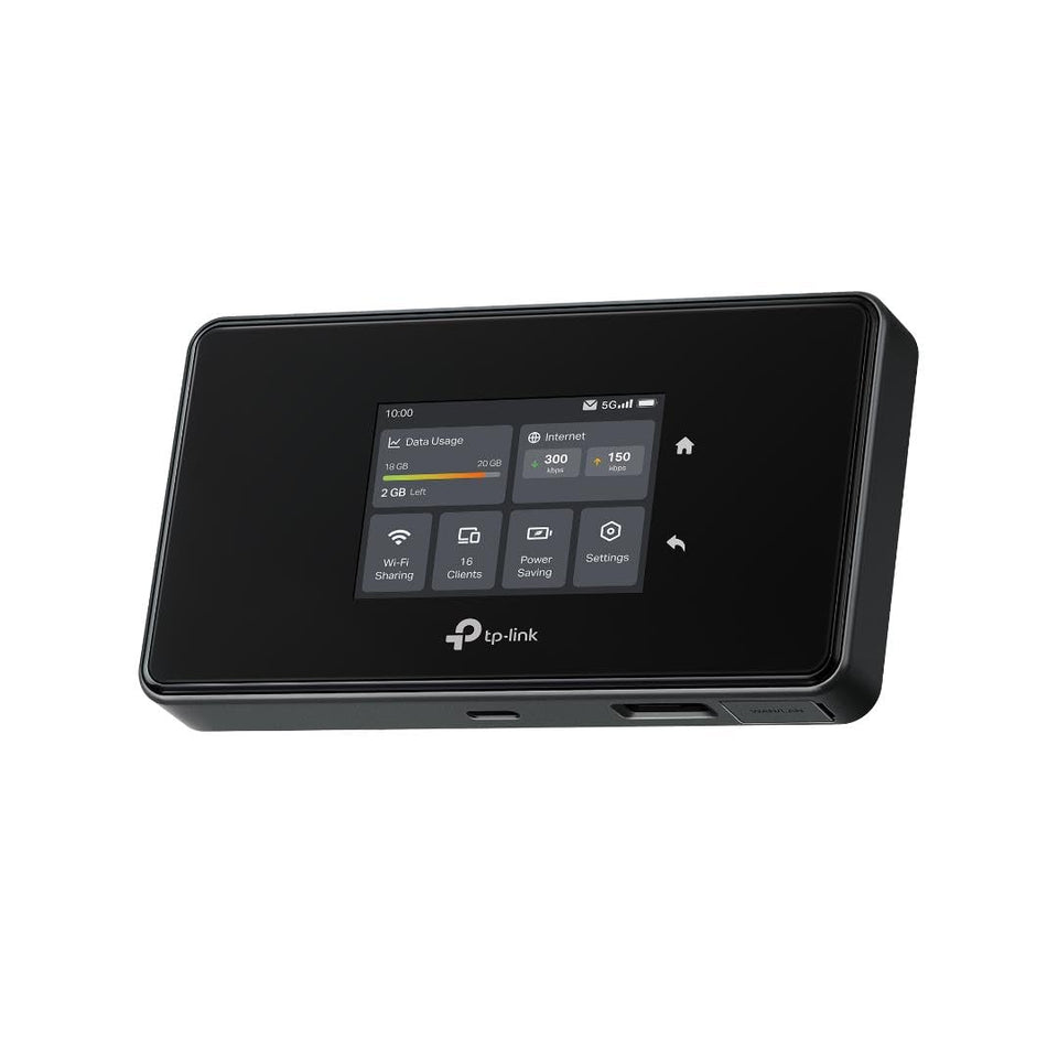 TP-Link M8550 front view showing a compact travel hotspot for on-the-go connectivity.
