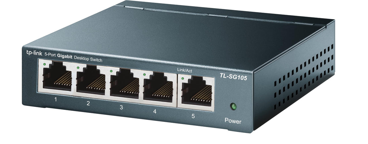 TP-Link TL-SG105-605 Renewed front panel with shielded ports for stable wired connections.