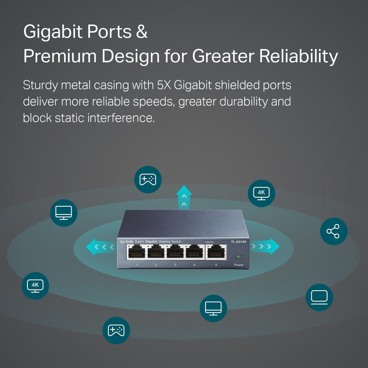 TP-Link TL-SG105-605 Renewed side view shows compact metal chassis.