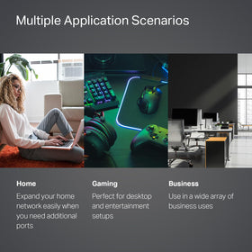 TP-Link TL-SG105-605 Renewed top-down view highlights desktop-friendly design.