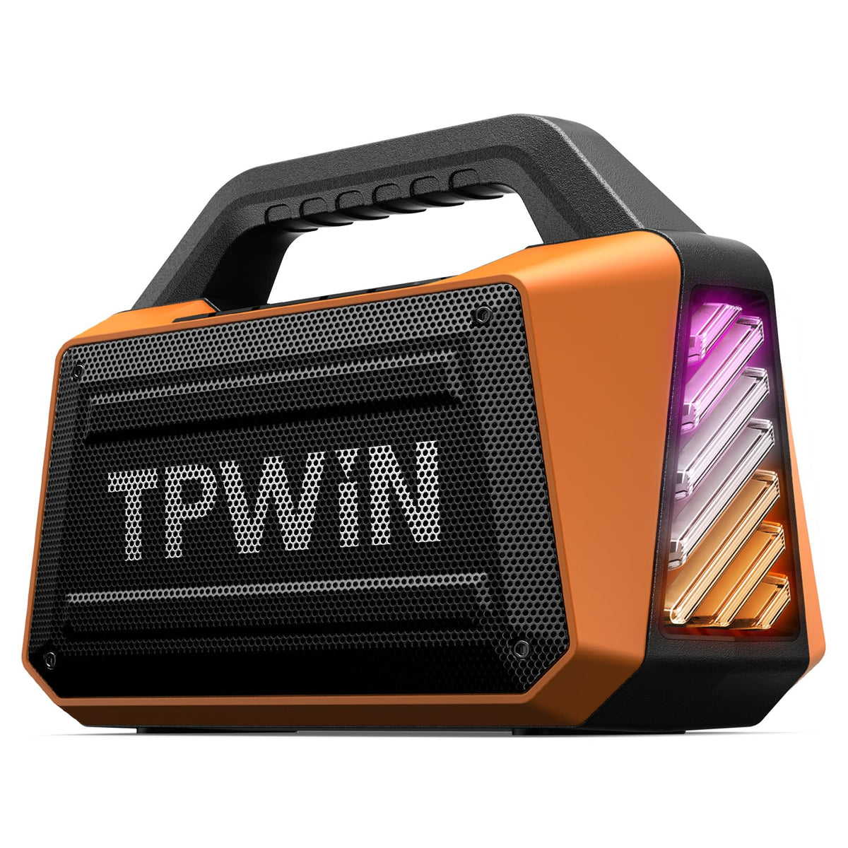 TPWIN front view showing speaker grille and bold orange finish, durable and loud