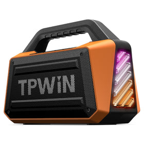 TPWIN front view showing speaker grille and bold orange finish, durable and loud