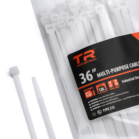 TR Industrial front packaging showing 50-pack and 36-inch ties for bulk organization