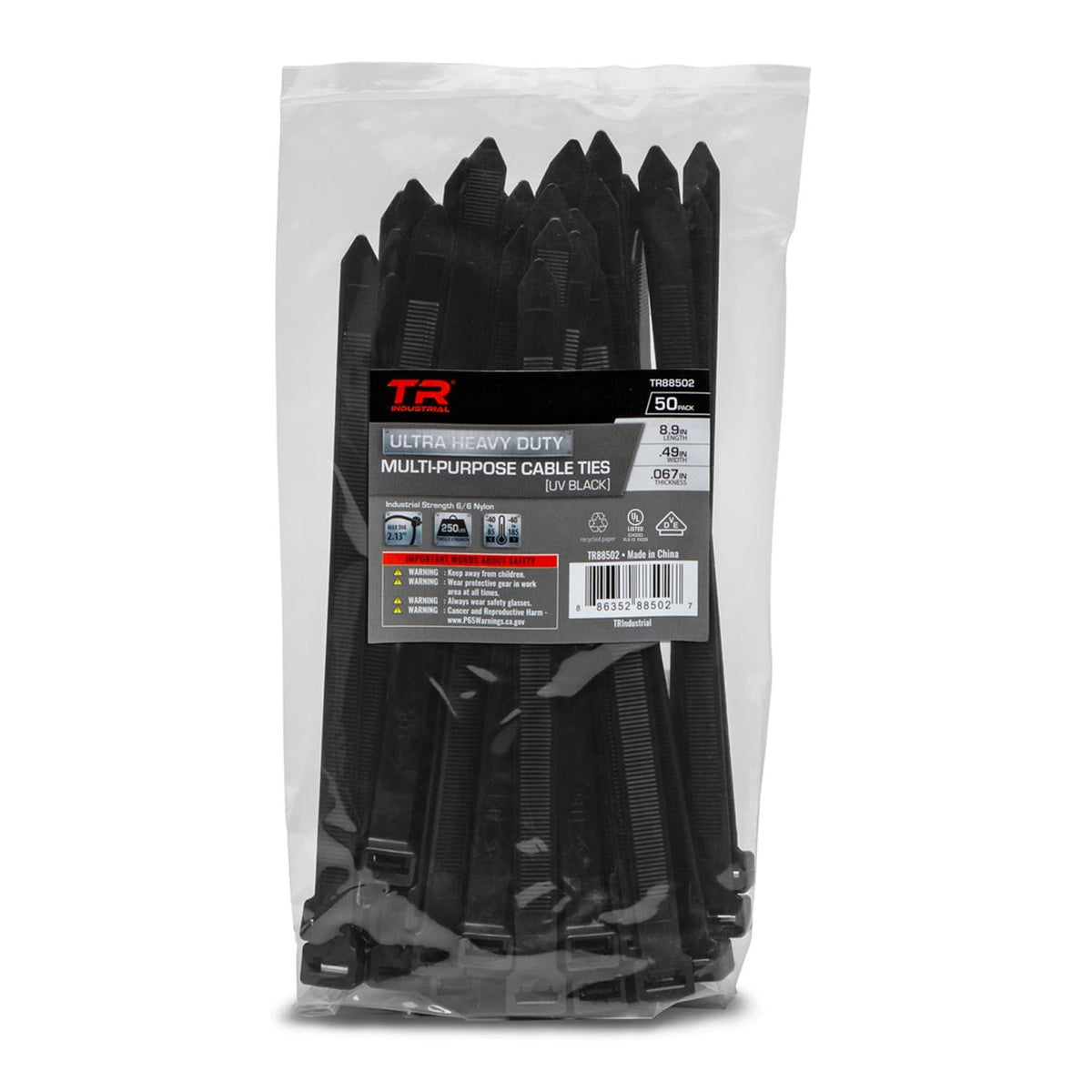 TR Industrial front packaging showing 50-piece black ties and strength information