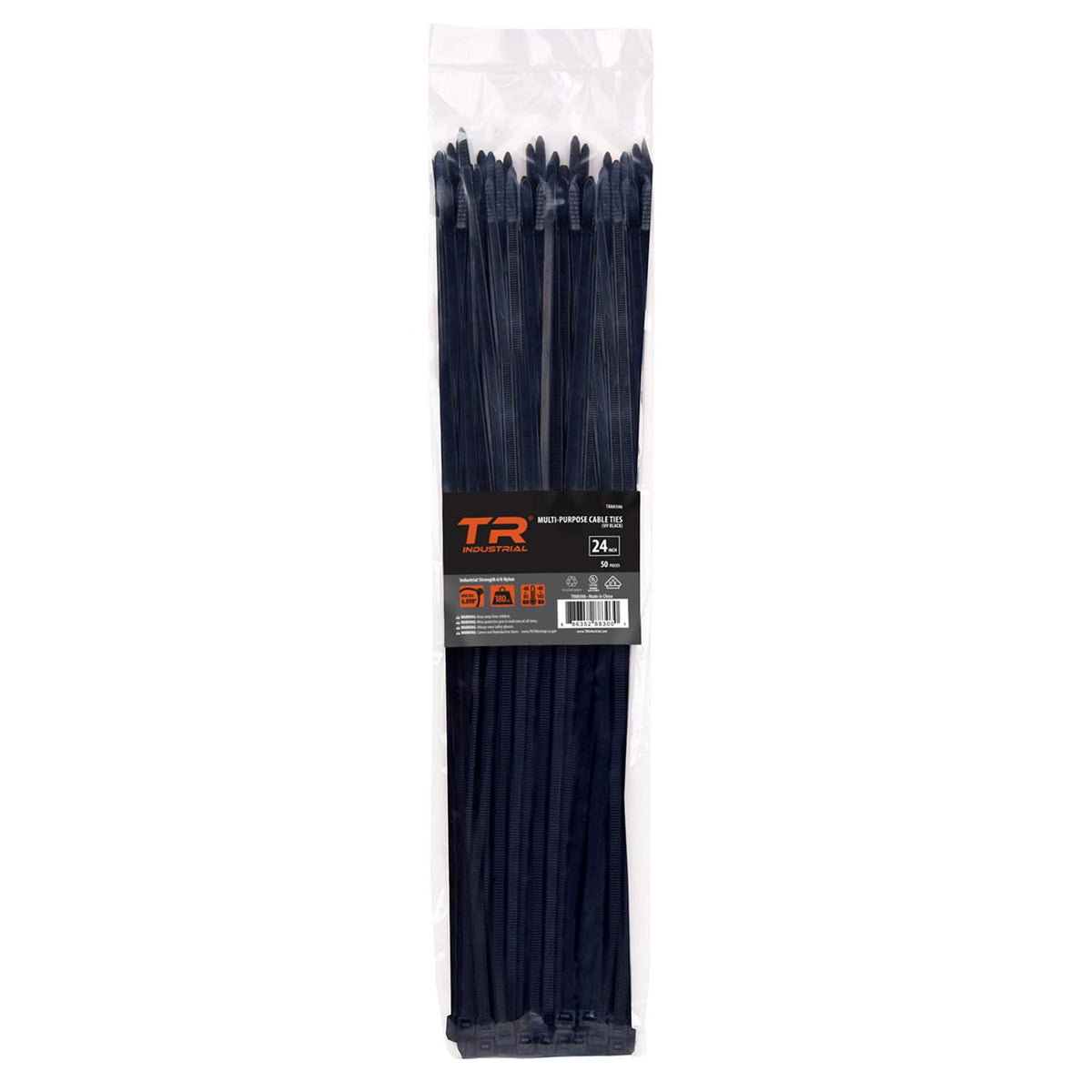 TR Industrial front pack showing 50-piece black 24-inch ties for reliable organization