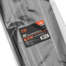 TR Industrial front packaging showing 50 black 48 inch cable ties and benefits