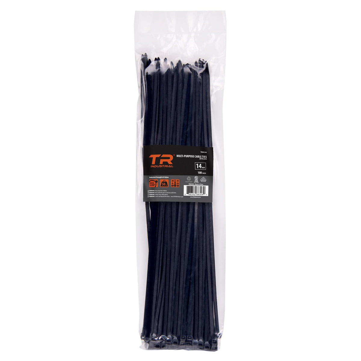 TR Industrial UV-resistant black cable ties bundled for outdoor use with 14-inch length