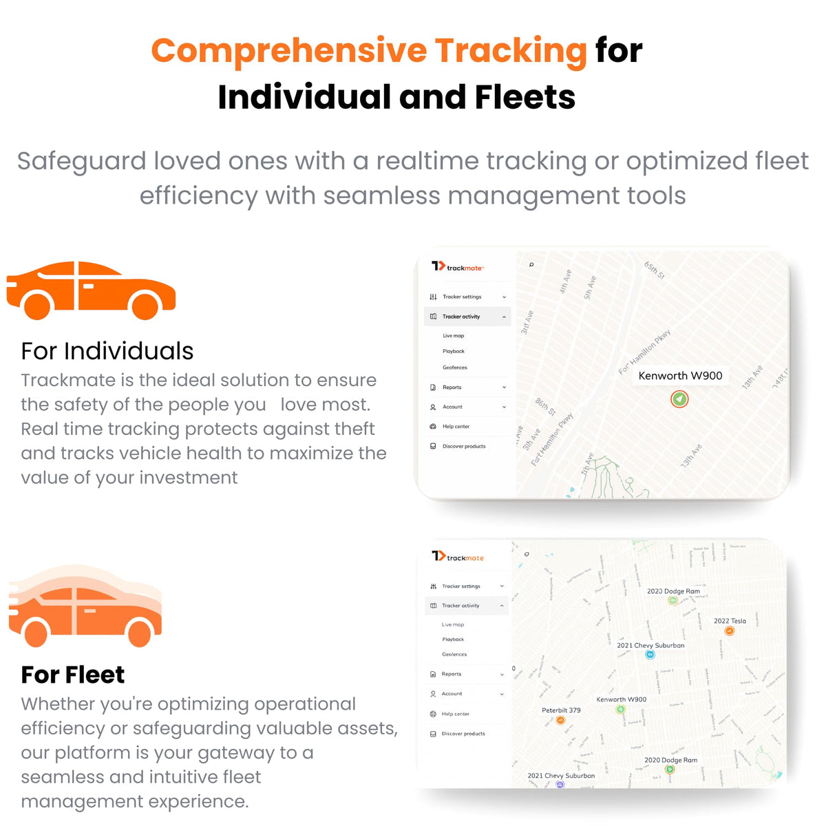 TrackmateGPS Dash T11 fleet management view organizing vehicles by type