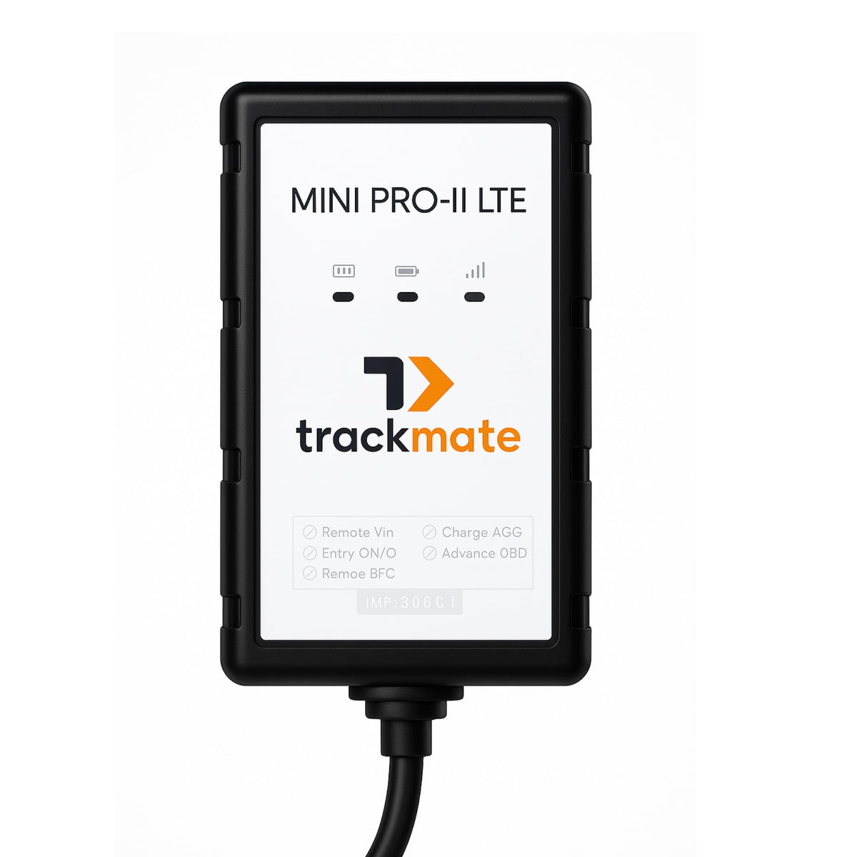 TrackmateGPS Mini PRO II LTE front view showing a compact, discreet tracker.