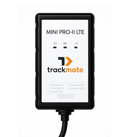 TrackmateGPS Mini PRO II LTE front view showing a compact, discreet tracker.