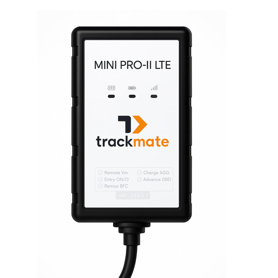 TrackmateGPS Mini PRO II LTE front view showing a compact, discreet tracker.