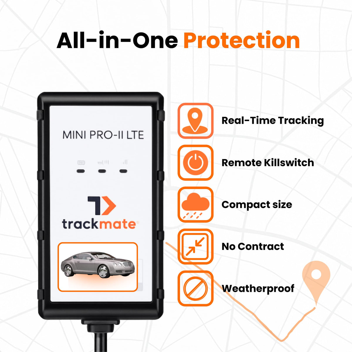 TrackmateGPS Mini PRO II LTE ignition-relay enables remote vehicle shutdown when needed.