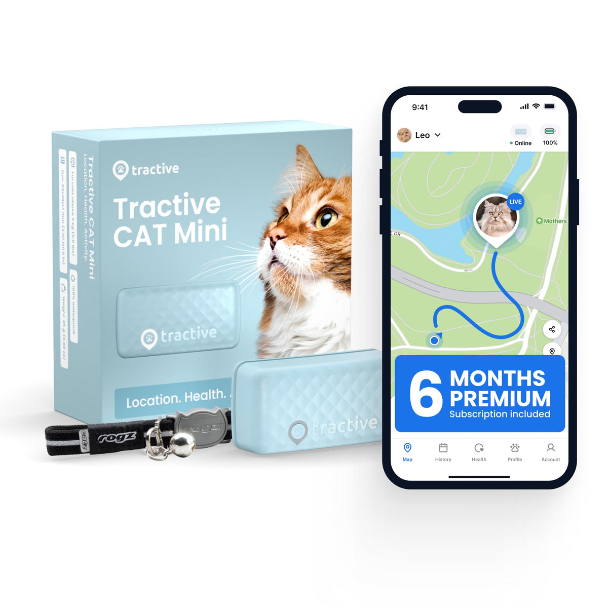 Tractive Cat Mini worn on a cat for real-time location updates.